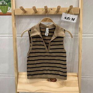 Khaki Black Stripe Polo Collar Sleeveless Crop Knit Top